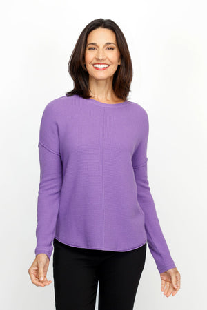 Elliott Lauren Cotton Cashmere Waffle Sweater in Violet.  Texture waffle weave knit.  Crew neck with raised center seams.  Long sleeves with dropped shoulder and raised seam detail.  Curved hem.  Relaxed fit._61184007438702