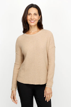 Elliott Lauren Cotton Cashmere Waffle Sweater in Wheat.  Texture waffle weave knit.  Crew neck with raised center seams.  Long sleeves with dropped shoulder and raised seam detail.  Curved hem.  Relaxed fit._61184007504238