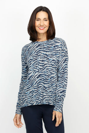 Elliott Lauren Wild at Heart Sweater in Blue Multi.  Multi blue zebra inspired print on heathered gray.  Soft knit.  Crew neck long sleeve sweater with dropped shoulder.  Ribbed trim at neck, hem and cuff.  Relaxed fit._61305442206062