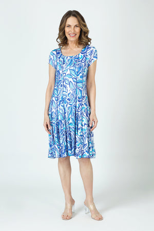 Top Ligne Painted Floral Dress in Blue.  Multi shades of blue floral on white.  Scoop neck short sleeve dress with gusset panels with raised seams.  A line swing shirt.  Relaxed fit._60001236943214