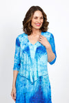 Top Ligne Watercolor Speckles Cardi in Blue.  Speckled watercolor print in shades of blue.  Open drape front cropped cardi. 3/4 sleeves.  Relaxed fit._t_35408820011208