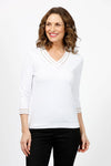 Metric Double Stripe Sweater in White. V neck 3/4 sleeve sweater. Double stripes of mesh at neck and cuff. Classic fit._t_35066115686600