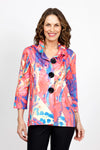 Top Ligne Bright Watercolors Jacket.  Abstract watercolor print.  Adjustable ruffle collar button down a line jacket with 3/4 sleeve.  Novelty black buttons.  A line shape. relaxed fit._t_35408810508488