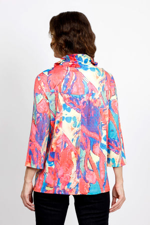 Top Ligne Bright Watercolors Jacket. Abstract watercolor print. Adjustable ruffle collar button down a line jacket with 3/4 sleeve. Novelty black buttons. A line shape. relaxed fit._35408810475720