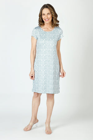 Top Ligne Dots Print Dress.  Gray dots on white.  Modified scoop neck dress with short sleeve.  A line shape.  LIned through body.  Relaxed fit._60001101185390