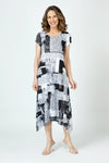 Top Ligne Dashes and Squares Midi Dress in Black/White geometric print.  Scoop neck front with short sleeves.  A line with asymmetric sharkbite hem.  Relaxed fit._t_60001010319726