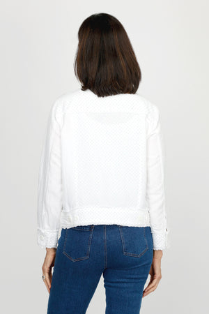 Top Ligne Linen Jacket with Stones in White.  Jean jacket styling with white studded panels in front, back and sleeve.  Bracelet sleet with studded button cuff.  Banded hem, contour seaming, front button flap pockets.  Raw edges.  Relaxed fit._60221027516782