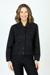 Lolo Luxe Linen Jacket with Stones in Black.  Pointed collar button down linen jacket with banded hem.  Long sleeves with stone encrusted button cuffs.  Contour seams with stones.  2 front faux button flaps with stones.  Relaxed fit._t_59846213828974