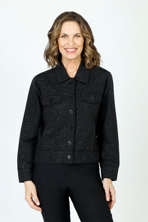 Lolo Luxe Linen Jacket with Stones in Black.  Pointed collar button down linen jacket with banded hem.  Long sleeves with stone encrusted button cuffs.  Contour seams with stones.  2 front faux button flaps with stones.  Relaxed fit._59846213828974