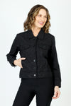 Lolo Luxe Linen Jacket with Stones in Black.  Pointed collar button down linen jacket with banded hem.  Long sleeves with stone encrusted button cuffs.  Contour seams with stones.  2 front faux button flaps with stones.  Relaxed fit._t_59846213796206