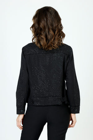 Lolo Luxe Linen Jacket with Stones in Black.  Pointed collar button down linen jacket with banded hem.  Long sleeves with stone encrusted button cuffs.  Contour seams with stones.  2 front faux button flaps with stones.  Relaxed fit._59846213665134