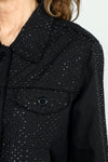 Lolo Luxe Linen Jacket with Stones in Black.  Pointed collar button down linen jacket with banded hem.  Long sleeves with stone encrusted button cuffs.  Contour seams with stones.  2 front faux button flaps with stones.  Relaxed fit._t_59846213861742