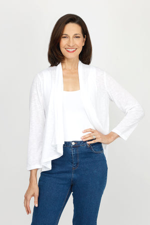 Top Ligne Slub Cardigan in White.  Lightweight textured slub open front topper with 3/4 sleeve.  Cut on bias.  Drape front. Relaxed fit._60221070016878