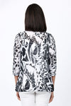 Top Ligne Butterfly Ruffle Collar Top. Bold black abstract butterfly print on a white background. Stand up collar with ruffle trim. Button down top. 3/4 sleeve. Side seam pockets. A line shape. Relaxed fit._t_34842423591112
