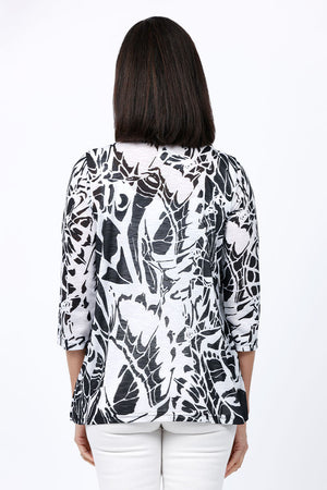 Top Ligne Butterfly Ruffle Collar Top. Bold black abstract butterfly print on a white background. Stand up collar with ruffle trim. Button down top. 3/4 sleeve. Side seam pockets. A line shape. Relaxed fit._34842423591112