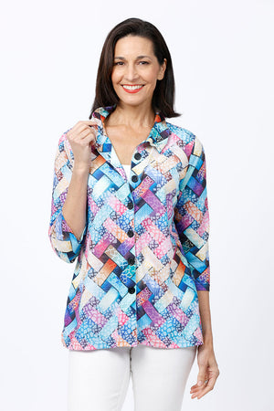 Top Ligne Color Weave Ruffle Collar Top in Multi.  Bright basketweave design.  Crew neck with ruffle trim collar.  Button down with dark buttons.  Side seam pockets.  3/4 sleeve.  A line shape.  Relaxed fit._34842478903496