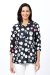 Top Ligne Color Dots Ruffle Collar Top. Bold white dots on a black background with pops of color.. Stand up collar with ruffle trim. Button down top. 3/4 sleeve. Side seam pockets. A line shape. Relaxed fit._t_34842453934280