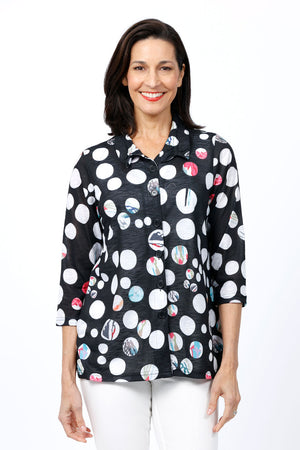 Top Ligne Color Dots Ruffle Collar Top. Bold white dots on a black background with pops of color.. Stand up collar with ruffle trim. Button down top. 3/4 sleeve. Side seam pockets. A line shape. Relaxed fit._34842453934280