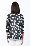 Top Ligne Color Dots Ruffle Collar Top. Bold white dots on a black background with pops of color.. Stand up collar with ruffle trim. Button down top. 3/4 sleeve. Side seam pockets. A line shape. Relaxed fit._t_34842453803208