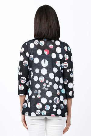 Top Ligne Color Dots Ruffle Collar Top. Bold white dots on a black background with pops of color.. Stand up collar with ruffle trim. Button down top. 3/4 sleeve. Side seam pockets. A line shape. Relaxed fit._34842453803208