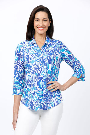 Top Ligne Flower Print Button Down.  Bright blue abstract flower print on a white background.  Pointed collar open v button down with shirt tail hem.  3/4 sleeve with slit cuff.  Relaxed fit._34827139416264