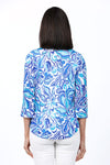 Top Ligne Flower Print Button Down. Bright blue abstract flower print on a white background. Pointed collar open v button down with shirt tail hem. 3/4 sleeve with slit cuff. Relaxed fit._t_34827139383496