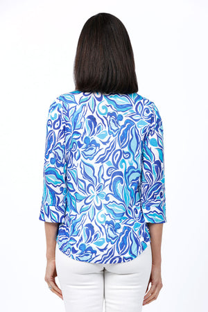 Top Ligne Flower Print Button Down. Bright blue abstract flower print on a white background. Pointed collar open v button down with shirt tail hem. 3/4 sleeve with slit cuff. Relaxed fit._34827139383496