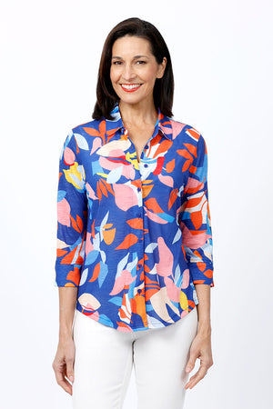 Top Ligne Bright Floral Button Down.  Orange pink and white abstract floral pattern on a bright blue background.  Pointed collar button down with 3/4 sleeve and shirt tail hem.  Relaxed fit._34830146765000