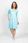 Top Ligne Soft Waves Pocket Dress in Aqua.  Aqua and white wave print.  Scoop neck 3/4 sleeve dress.  Side seam pockets.  A line shape.  Relaxed fit._t_35408803496136
