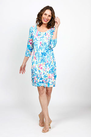Top Ligne Printed Floral Ruffle Dress.  Bright mulit colored floral print on white.  Scoop neck 3/4 sleeve dress with 3 tiered ruffle at hem.  Lined.  Relaxed fit._35408799695048