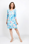 Top Ligne Printed Floral Ruffle Dress. Bright mulit colored floral print on white. Scoop neck 3/4 sleeve dress with 3 tiered ruffle at hem. Lined. Relaxed fit._t_35408799760584