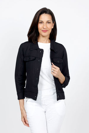Organic Rags Linen Jean Jacket in Black.  Jean jacket styling.  Pointed collar button down with 2 front button flap pockets.  Banded bottom.  Raw edges._35287160914120