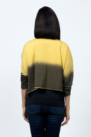 Planet Dip Dye Mini Boxy T in Chartreuse/Thyme. Crew neck boxy long sleeve t with dolman sleeve. Raw hem and cuff. Boxy fit._34518553788616