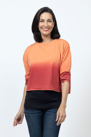 Planet Dip Dye Mini Boxy T in Creamsicle/Cherry. Crew neck boxy long sleeve t with dolman sleeve. Raw hem and cuff. Boxy fit._34518553821384