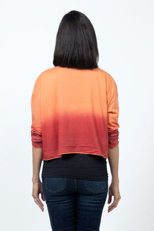 Planet Dip Dye Mini Boxy T in Creamsicle/Cherry. Crew neck boxy long sleeve t with dolman sleeve. Raw hem and cuff. Boxy fit._34518553919688