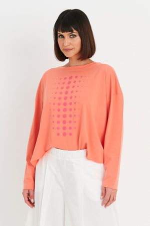Planet Dot Mini Boxy T in Peachy with Cherry miniature dot pattern down front and back. Crew neck 3/4 sleeve tee with raw edges. Boxy fit._34811023196360