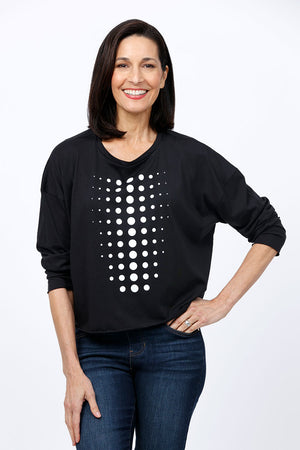 Planet Dot Mini Boxy T in Black with White miniature dot pattern down front and back.  Crew neck 3/4 sleeve tee with raw edges.  Boxy fit._34811010580680