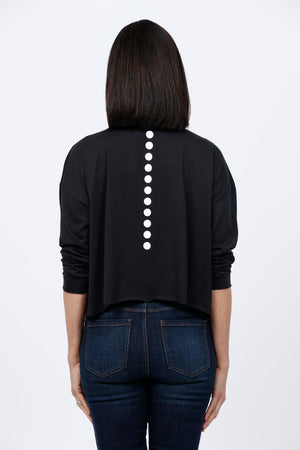 Planet Dot Mini Boxy T in Black with White miniature dot pattern down front and back. Crew neck 3/4 sleeve tee with raw edges. Boxy fit._34811010613448