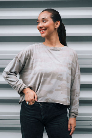 Planet Camo Tee in Fawn.  Slightly  cropped crew neck camouflage pattern.  Long sleeve.  Drop shoulders.  Oversized fit. One size fits many._61205111603566