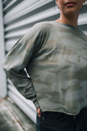 Planet Camo Tee in Loden.  Slightly  cropped crew neck camouflage pattern.  Long sleeve.  Drop shoulders.  Oversized fit. One size fits many._61205111636334