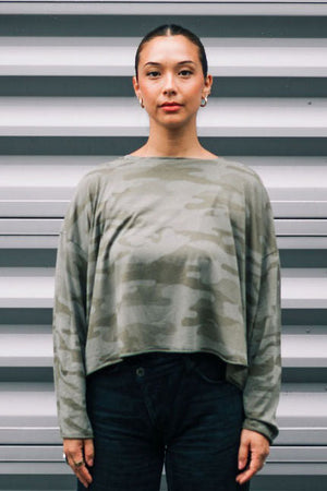 Planet Camo Tee in Loden.  Slightly  cropped crew neck camouflage pattern.  Long sleeve.  Drop shoulders.  Oversized fit. One size fits many._61205111538030
