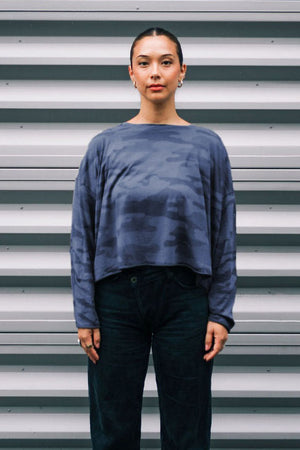 Planet Camo Tee in Midnight.  Slightly  cropped crew neck camouflage pattern.  Long sleeve.  Drop shoulders.  Oversized fit. One size fits many._61205111570798