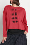 Planet Dot Mini Boxy T in Garnet with black miniature dot pattern down front and back. Crew neck long sleeve tee with raw edges. Boxy fit._t_61205212430702