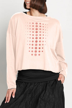 Planet Metallic Dot Mini Boxy T in Blush/Rose Gold.  Metallic rose gold dots on blush.  Crew neck long sleeve tee with dropped shoulder. Slightly cropped length.  Oversized fit. One size fits many._61205184774510