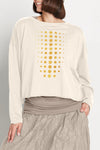 Planet Metallic Dot Mini Boxy T in Stone/Gold.  Metallic gold dots on stone.  Crew neck long sleeve tee with dropped shoulder. Slightly cropped length.  Oversized fit. One size fits many._t_61205184807278
