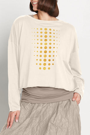 Planet Metallic Dot Mini Boxy T in Stone/Gold.  Metallic gold dots on stone.  Crew neck long sleeve tee with dropped shoulder. Slightly cropped length.  Oversized fit. One size fits many._61205184807278
