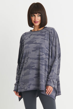 Planet Camo Swing T in Storm.  Camouflage print in shades of gray.  Crew neck long sleeve swing tee with raw edges.  Pima cotton.  Oversized fit.  One size fits most._34277807194312