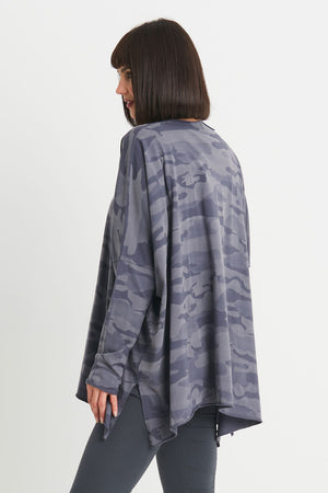 Planet Camo Swing T in Storm. Camouflage print in shades of gray. Crew neck long sleeve swing tee with raw edges. Pima cotton. Oversized fit. One size fits most._34277807161544