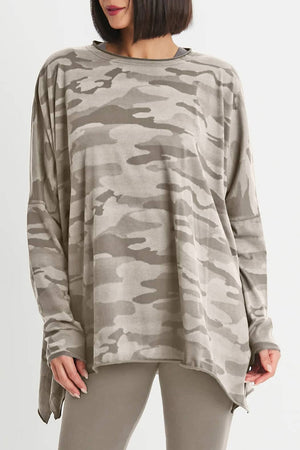 Planet Camo Swing T in Fawn.  Camouflage print in shades of beige and taupe.  Crew neck long sleeve swing tee with raw edges.  Pima cotton.  Oversized fit.  One size fits most._61205128380782
