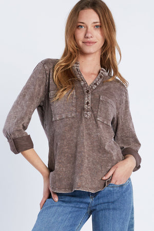 Billy T Fine Henley Top in Brown. Acid wash split v neck henley with 4 button placket.  Long sleeves with roll tab closure.  Shirt tail hem.  Relaxed fit._34406233473224